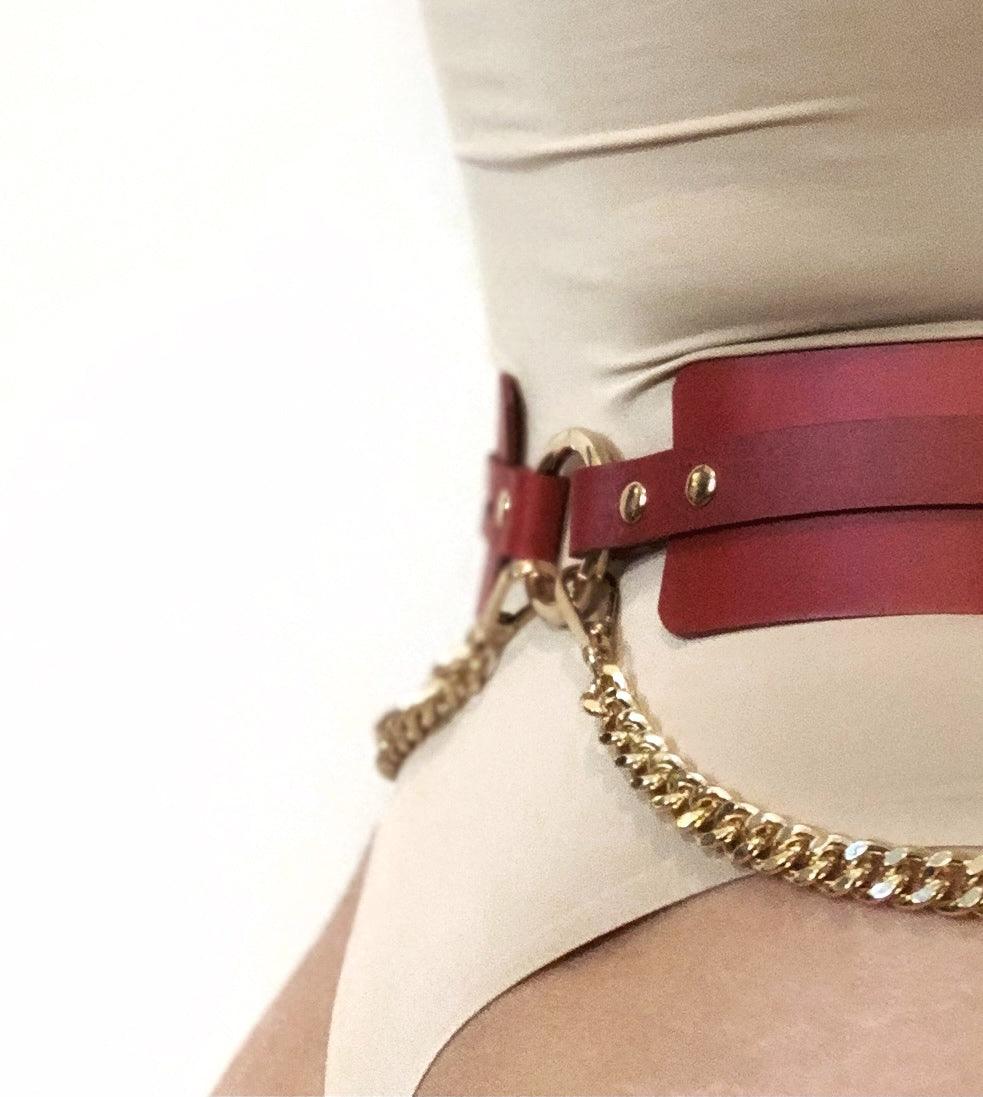 Premium leather lingerie harness, garter belt and choker collar by Metatron