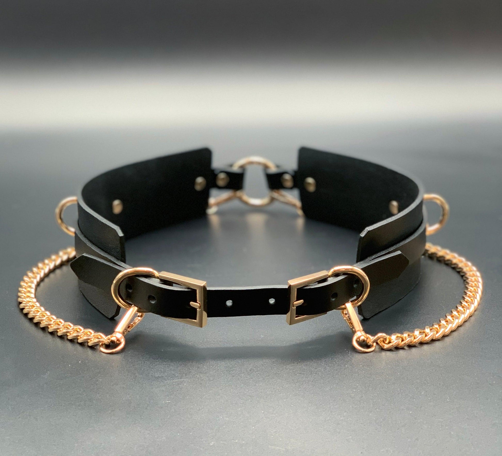 Premium leather lingerie harness, garter belt and choker collar by Metatron