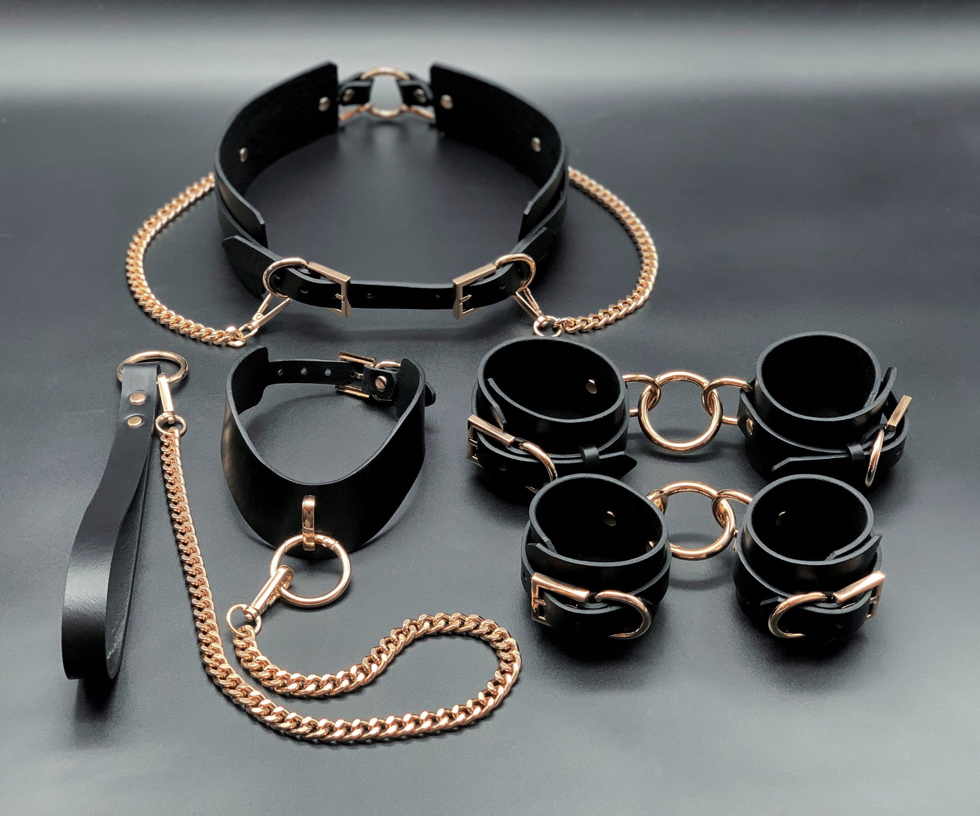 Premium leather lingerie harness, garter belt and choker collar by Metatron