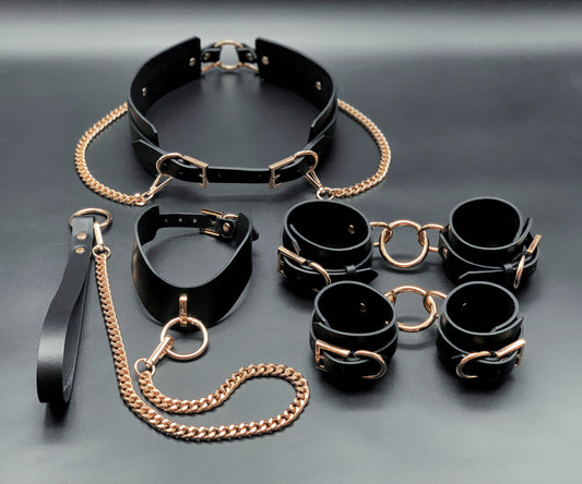 Premium leather lingerie harness, garter belt and choker collar by Metatron