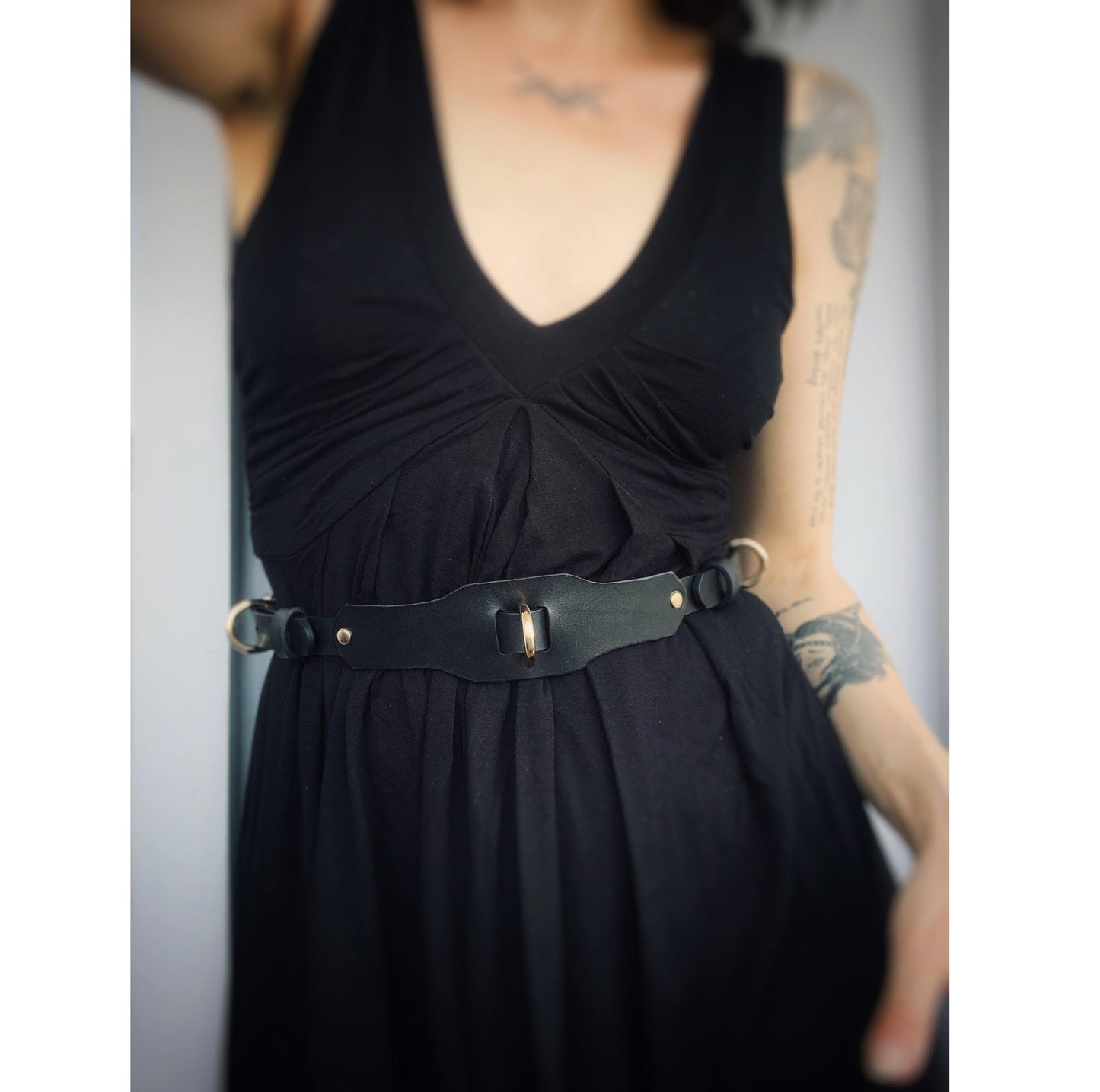 Premium leather lingerie harness, garter belt and choker collar by Metatron