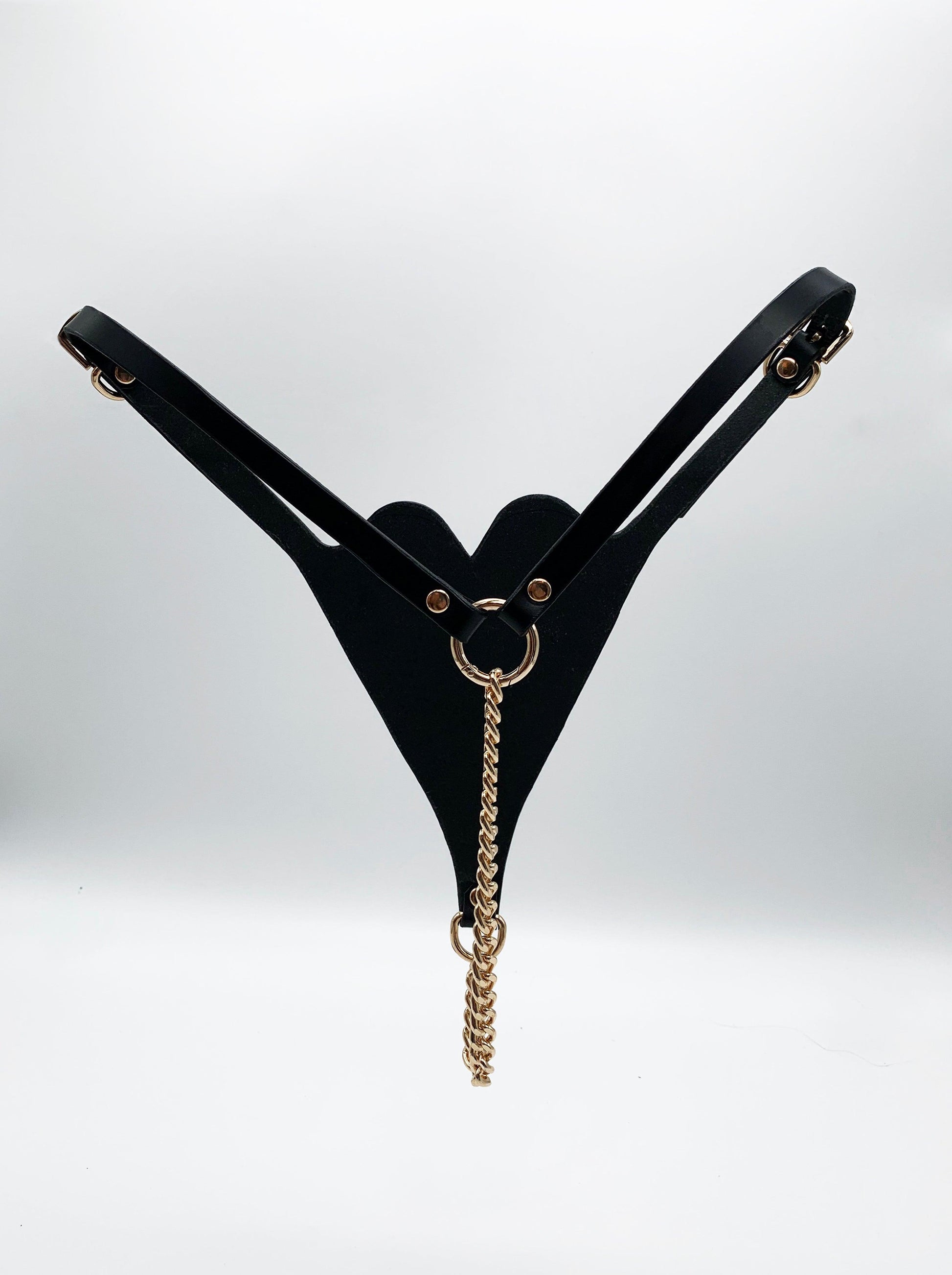chain thong. Premium leather lingerie harness, garter belt and choker collar by Metatron