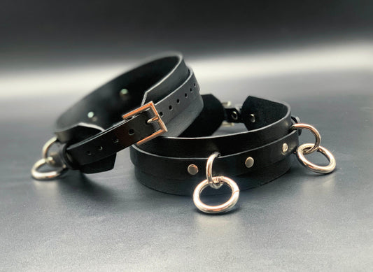 thigh cuffs. Premium leather lingerie harness, garter belt and choker collar by Metatron