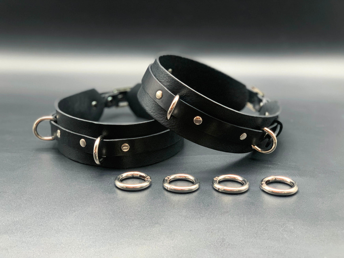 thigh cuffs. Premium leather lingerie harness, garter belt and choker collar by Metatron